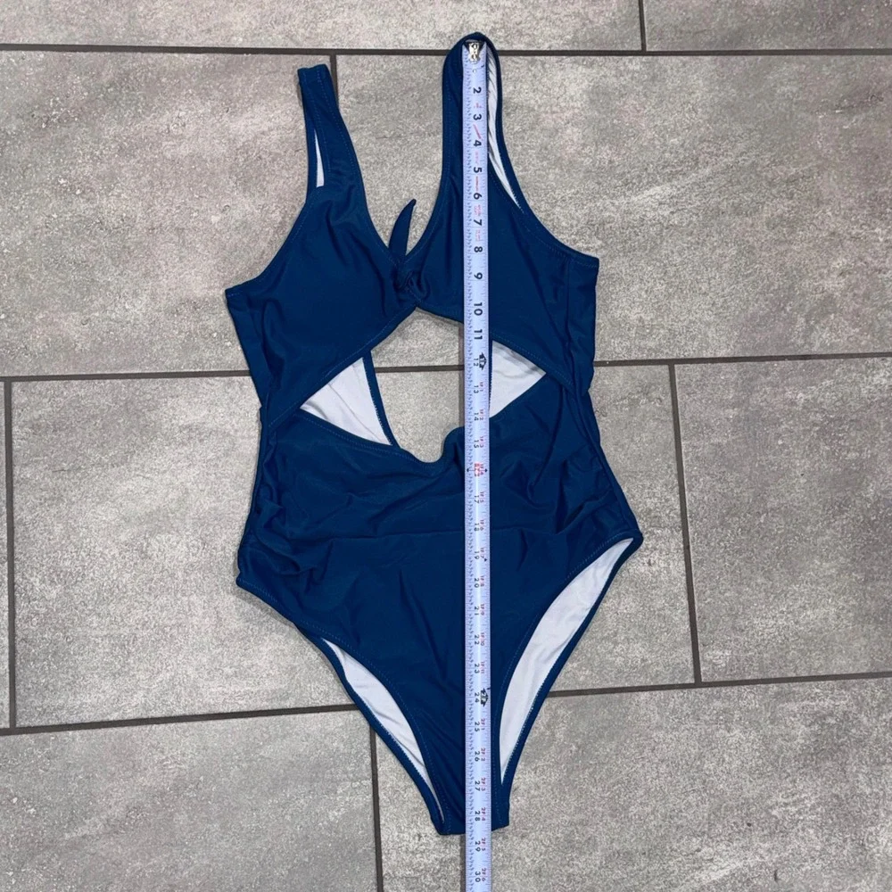 Cupshe Cutout Tie Front One Piece Swimsuit Women Large Navy Teal Blue EUC Ruched